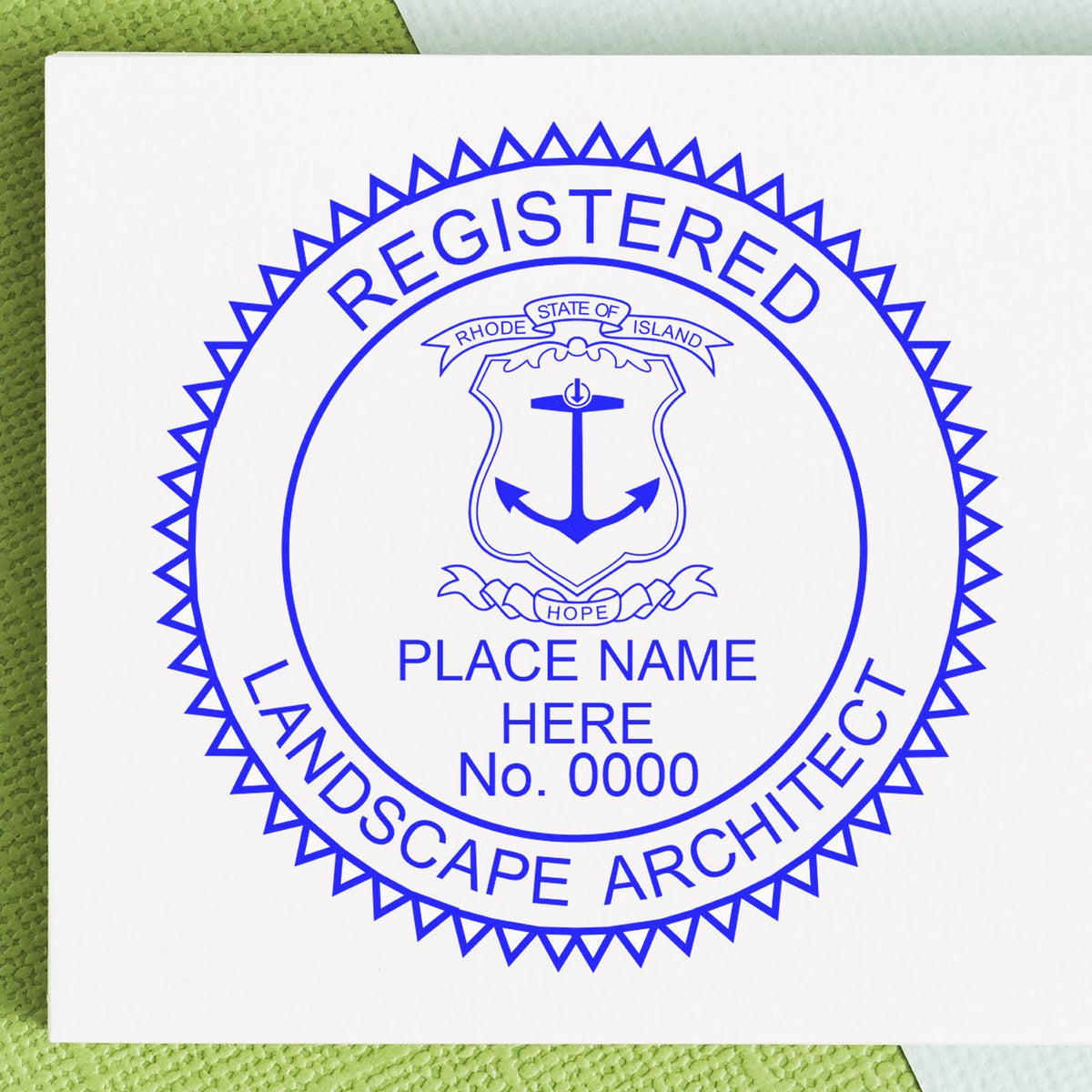 The Slim Pre-Inked Rhode Island Landscape Architect Seal Stamp stamp impression comes to life with a crisp, detailed photo on paper - showcasing true professional quality.