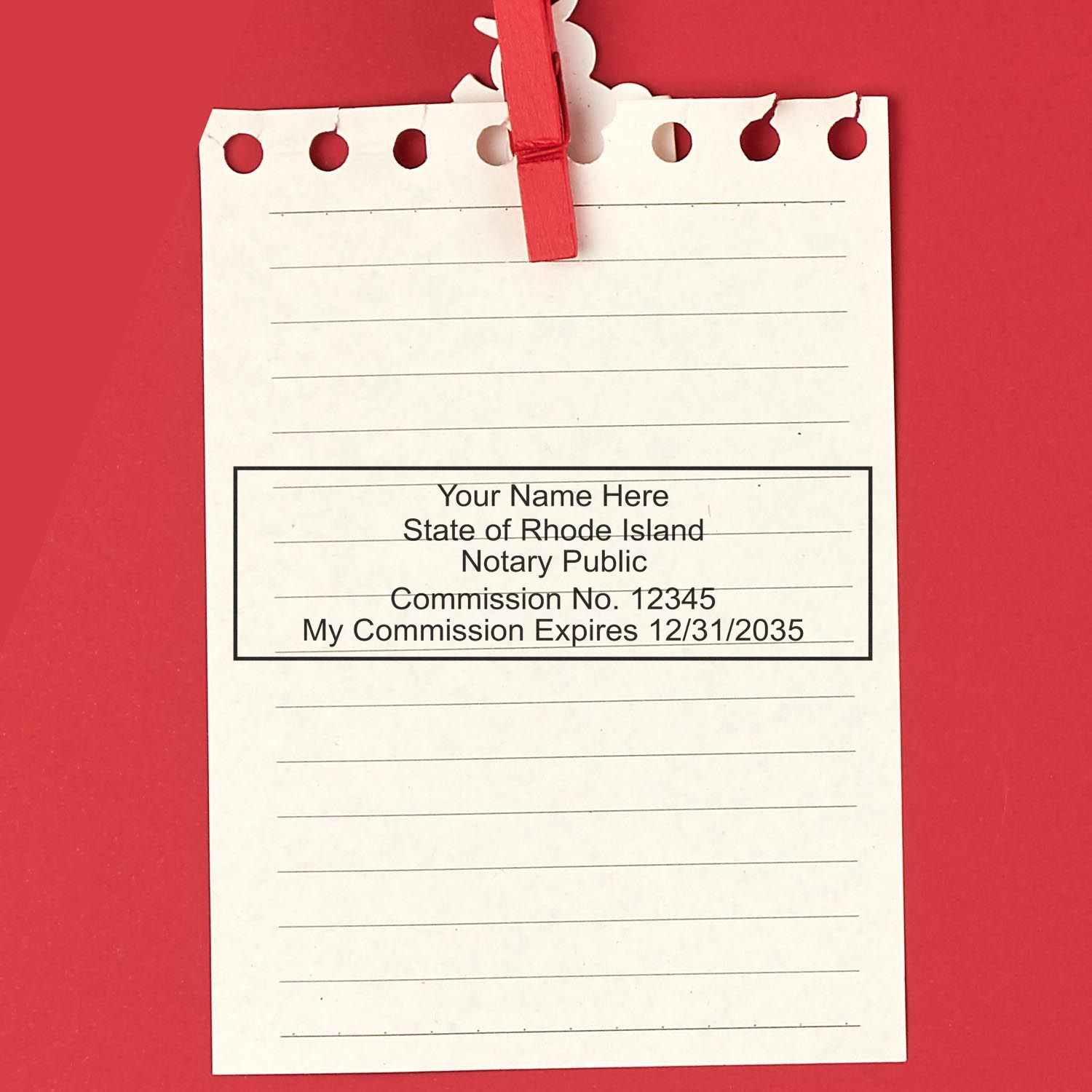 Rhode Island Rectangular Digital Notary Seal in use photo showing a stamped imprint of the Rhode Island Rectangular Digital Notary Seal