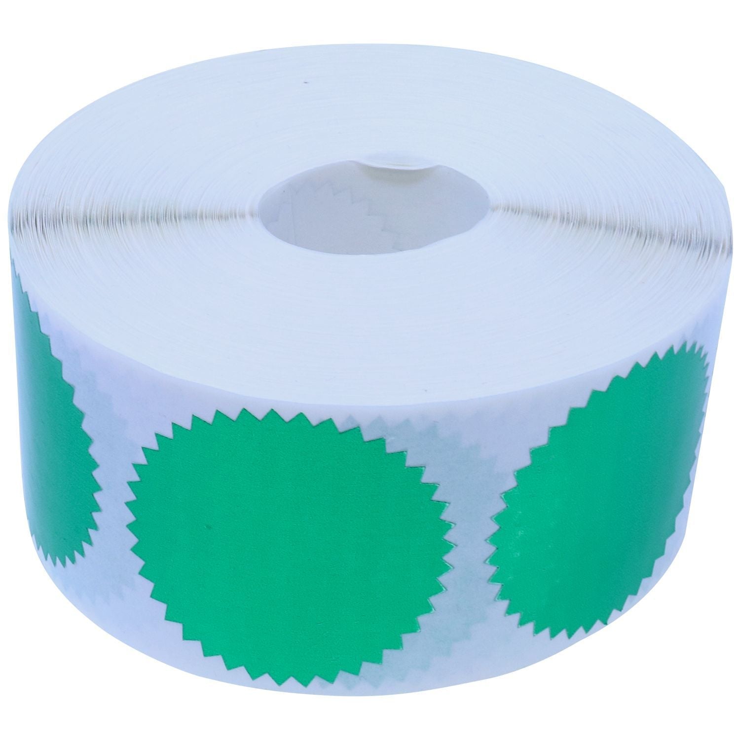 Roll of Green Foil Seals (1,000 Total) with bright green, scalloped-edge stickers on a white roll, ideal for certificates and awards.