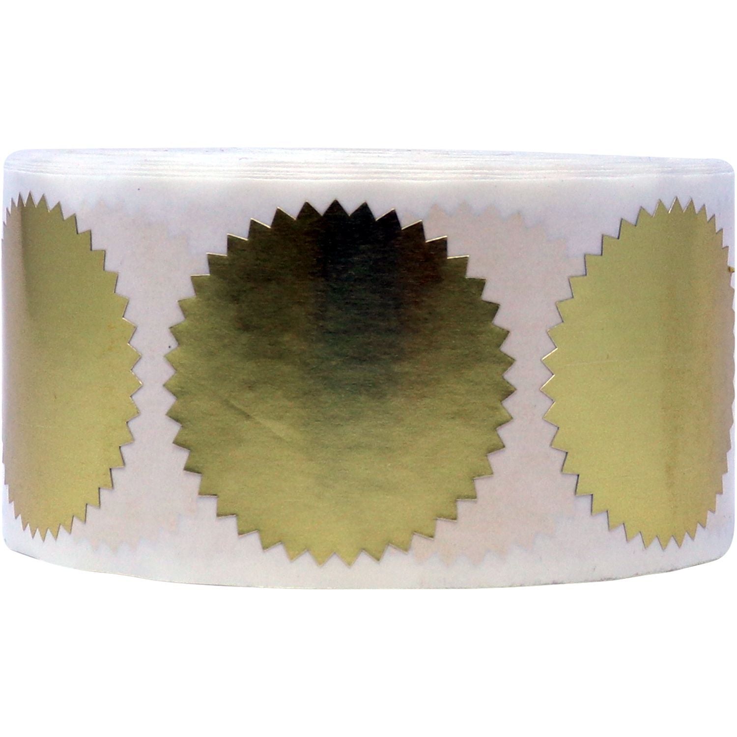 Roll of Gold Foil Seals (1,000 Total) on a white background, featuring shiny, round, starburst-edged gold stickers.