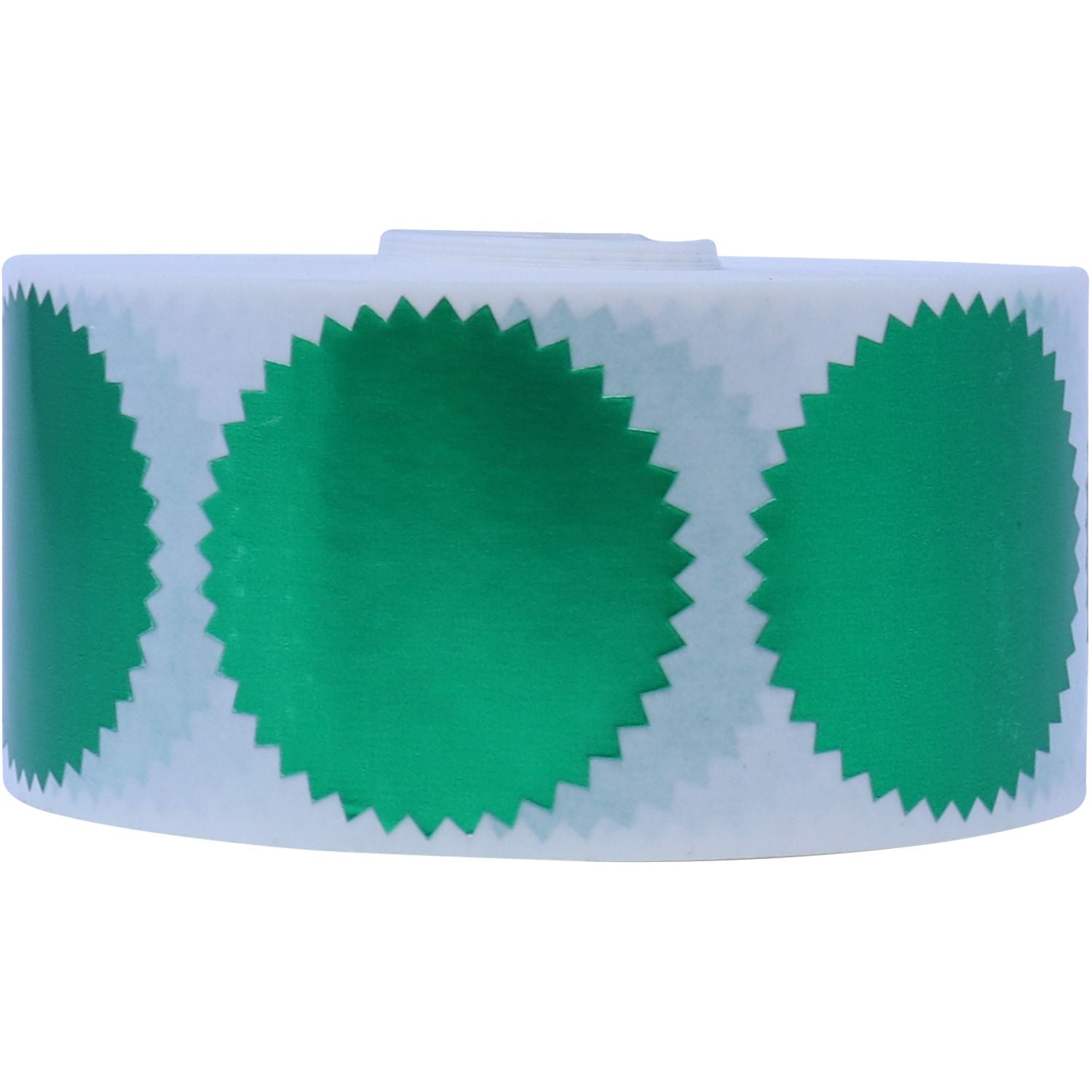 Roll of Green Foil Seals (1,000 Total) with shiny green starburst-shaped stickers on a white roll.