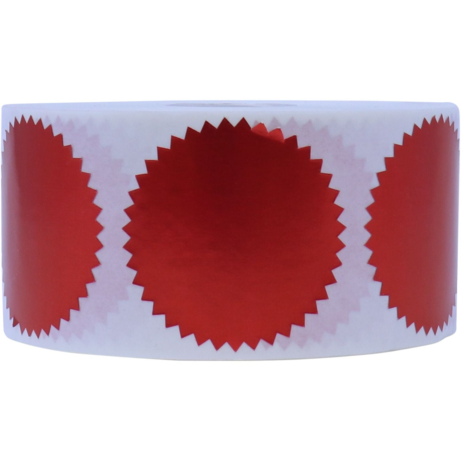 Roll of Red Foil Seals (1,000 Total) on a white background, featuring shiny red starburst-shaped seals on a white roll.