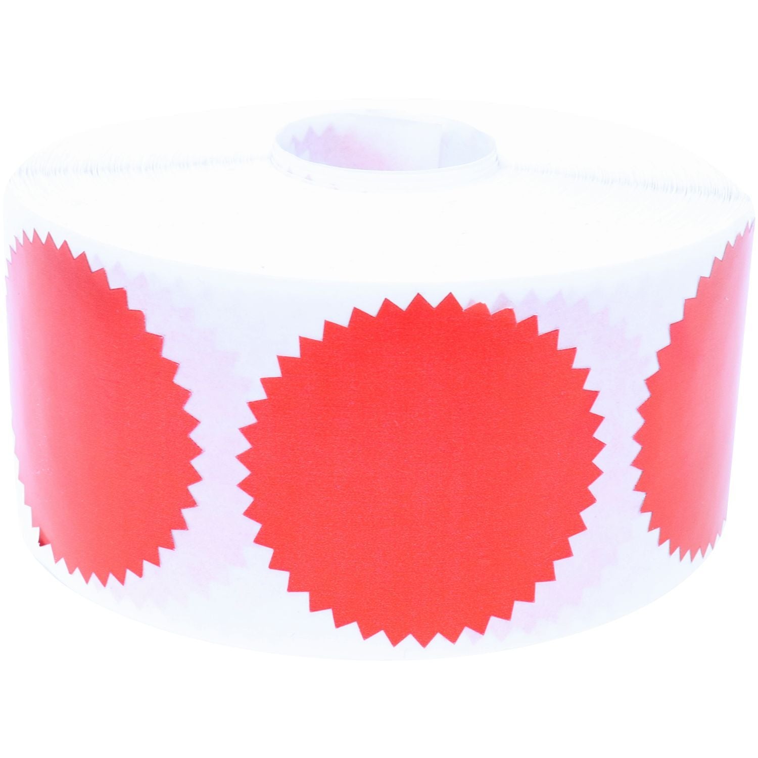 Roll of Red Foil Seals (1,000 Total) with bright red, scalloped-edge stickers on a white roll, ideal for certificates and awards.