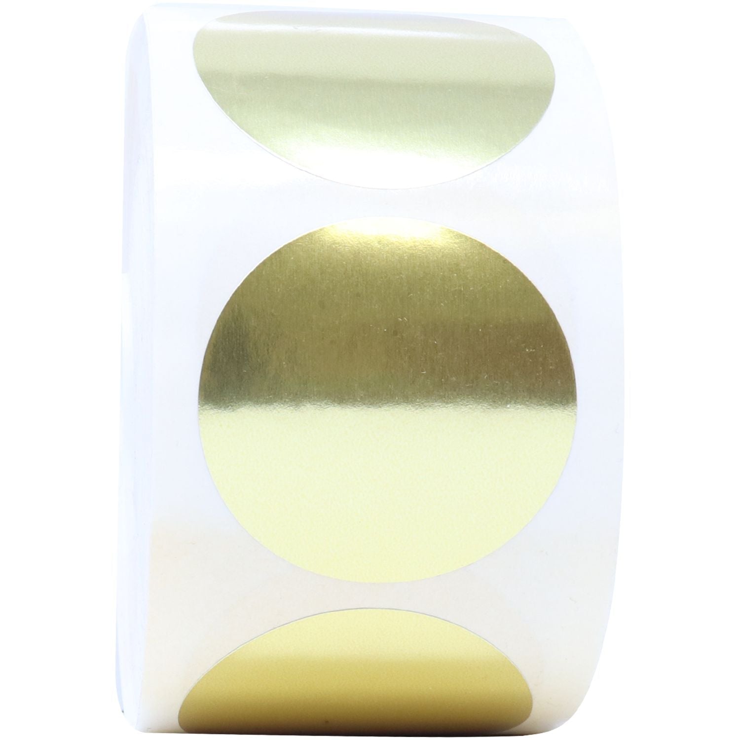 Roll of Round Gold Foil Seals (1,000 Total) on a white background, showing shiny gold circular stickers on a roll.