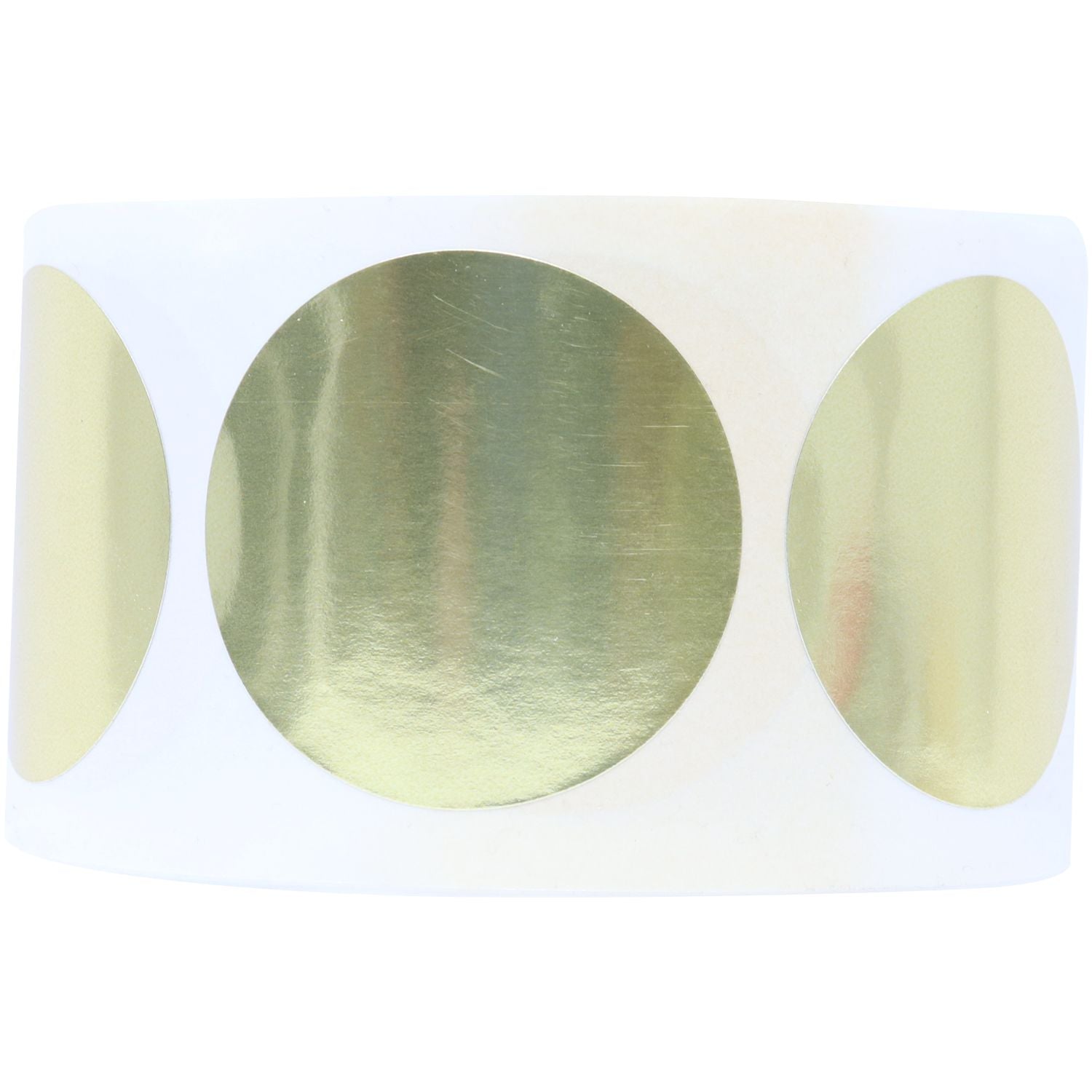 Roll of Round Gold Foil Seals (1,000 Total) on a white background, showing three shiny gold circular seals on a white roll.