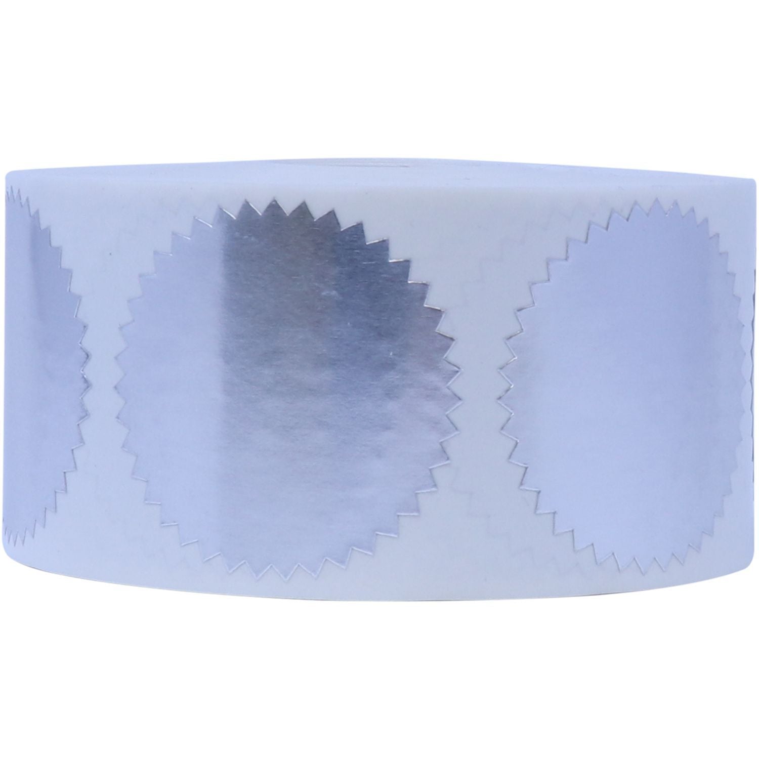 Roll of Silver Foil Seals (1,000 Total) on a white background, featuring shiny, circular seals with serrated edges.
