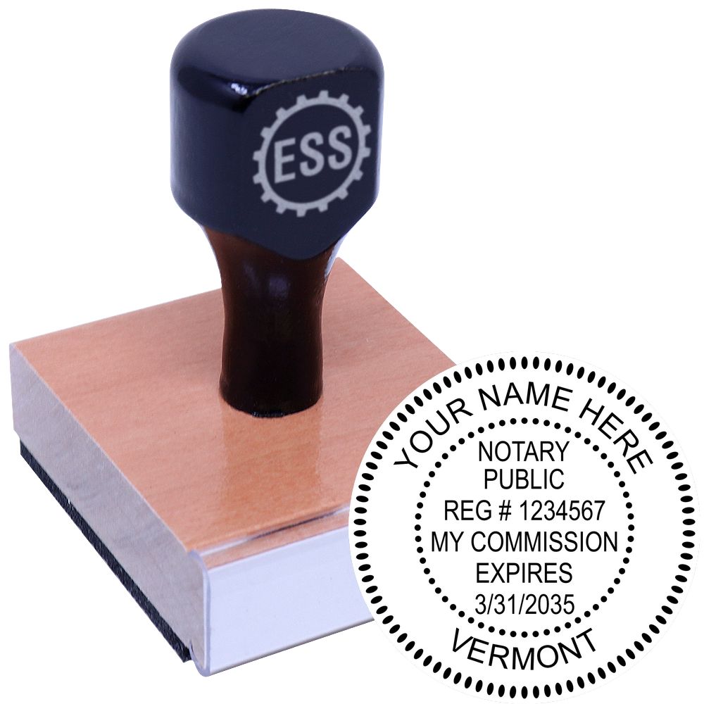 The main image for the Round Vermont Notary Public Seal Stamp depicting a sample of the imprint and electronic files