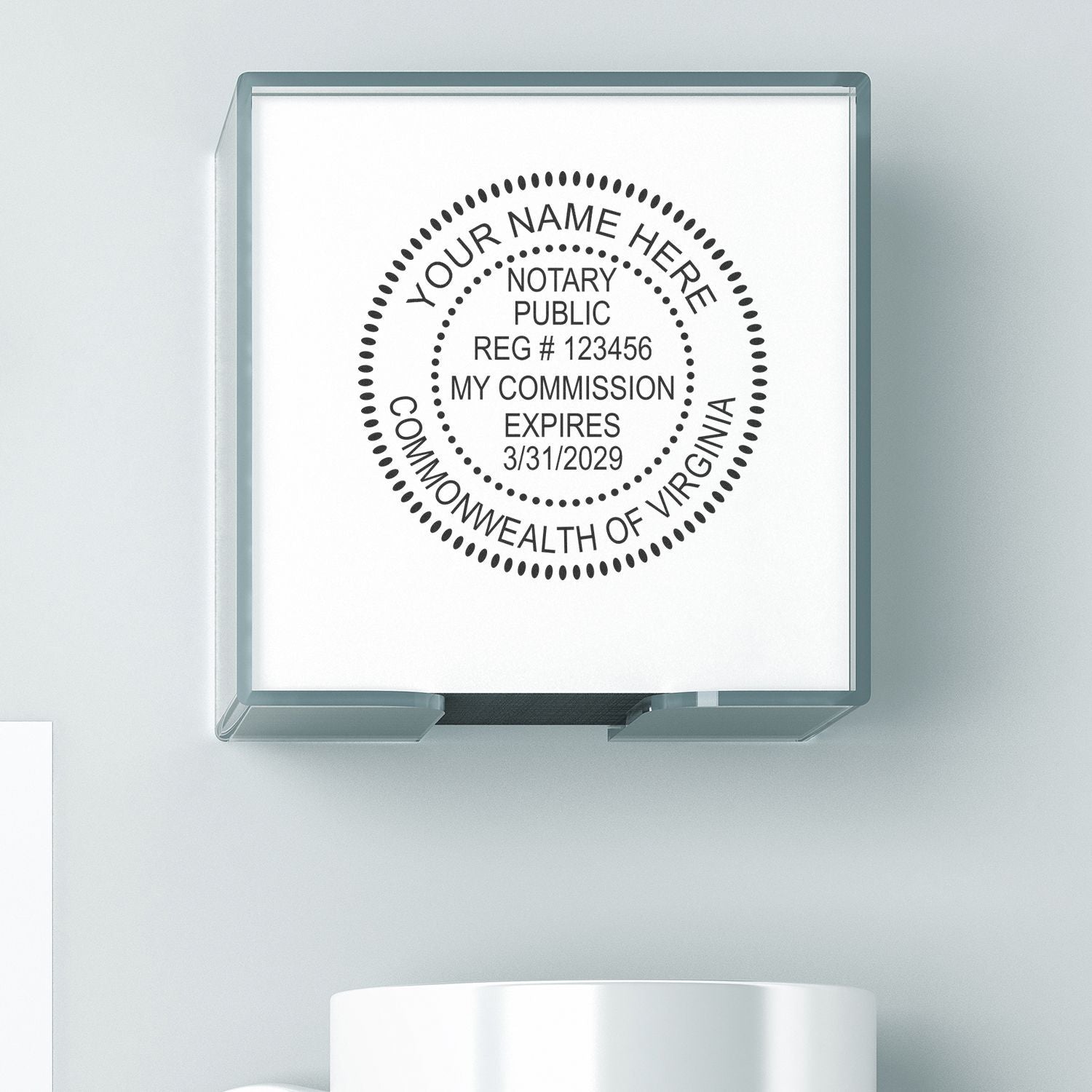 MaxLight Pre-Inked Stamp of Notary Public Seal in use, showing a detailed notary public seal with registration number and commission expiration date.