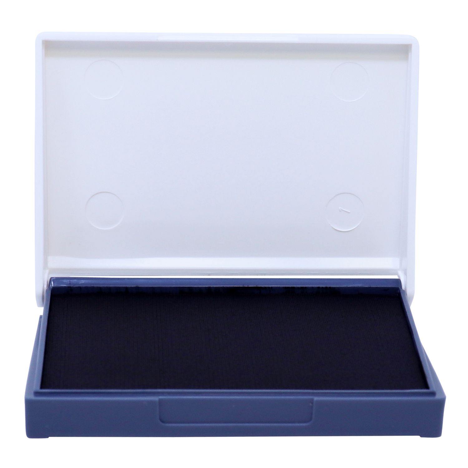 Rubber Stamp Ink Pad 00 Size 1-1/2 x 2-3/4, black ink, open with a white lid and a dark blue base, ready for use.