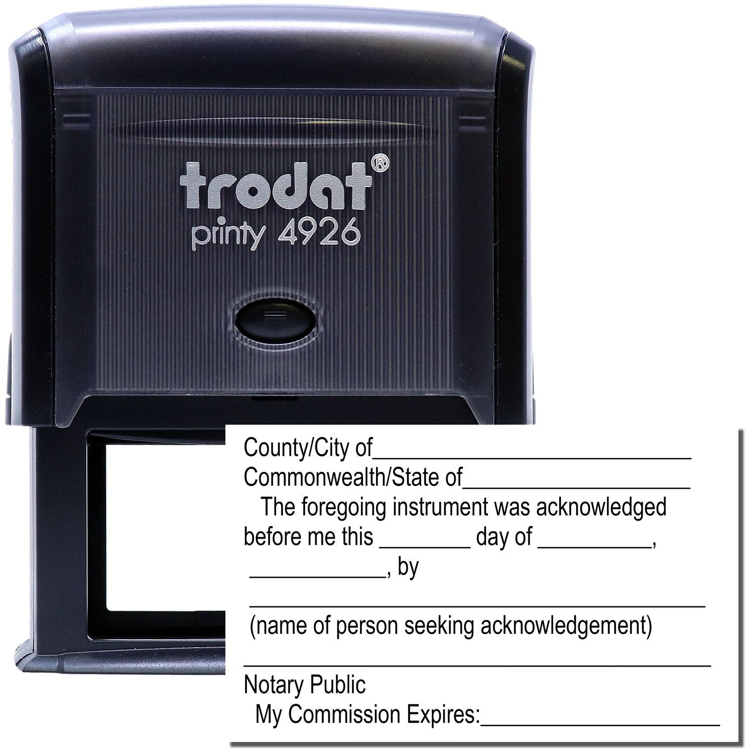Self Inking Acknowledgment Stamp by Trodat Printy 4926, shown with a notary acknowledgment template for official document use.