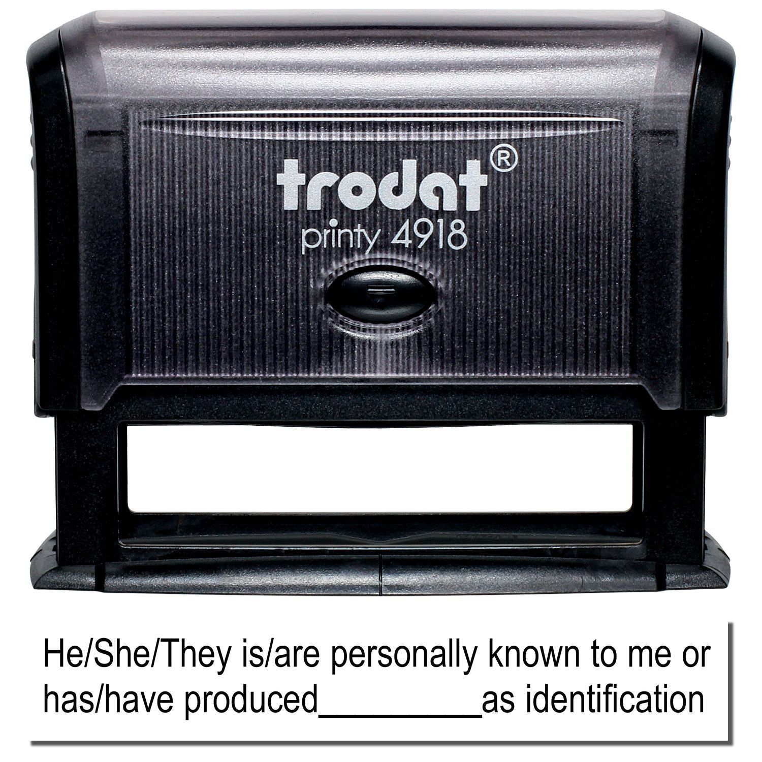 Self Inking Identification Stamp with a black casing and the text trodat printy 4918 on the front, used for personal identification.