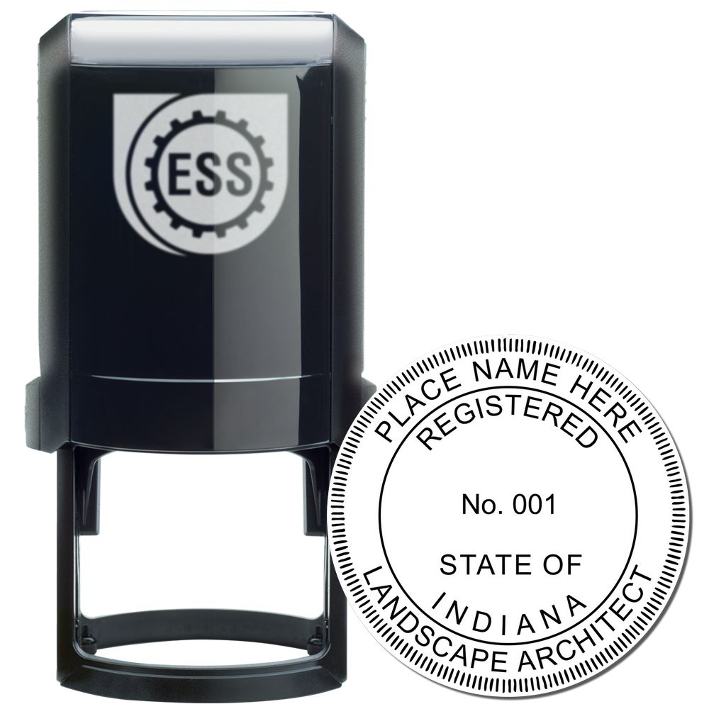 The main image for the Self-Inking Indiana Landscape Architect Stamp depicting a sample of the imprint and electronic files