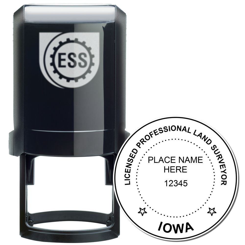 Self Inking Iowa Land Surveyor Stamp with a black casing and a circular imprint design for licensed professional land surveyors in Iowa.