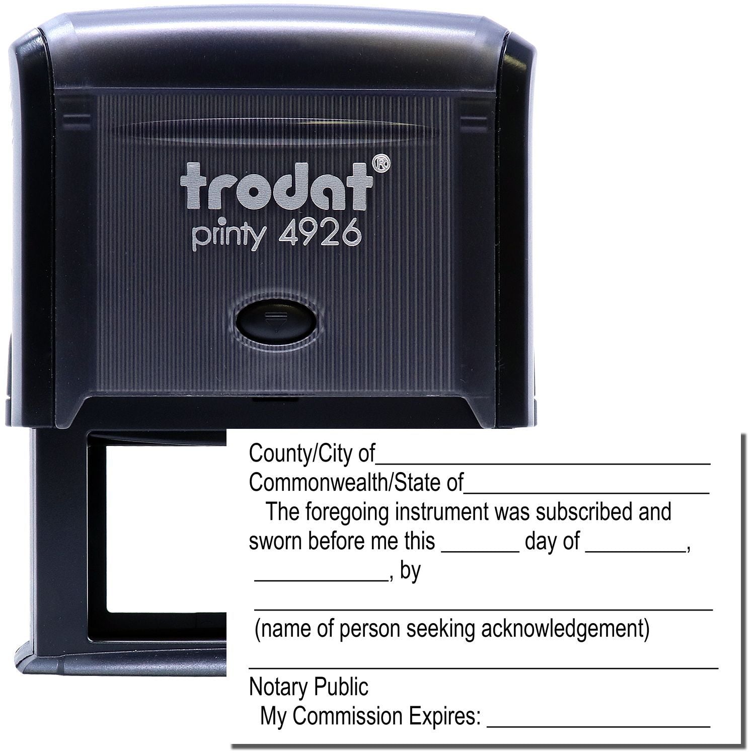 Self Inking Notary Jurat Stamp by Trodat Printy 4926, black with a fillable form for notarization, including date, name, and commission details.
