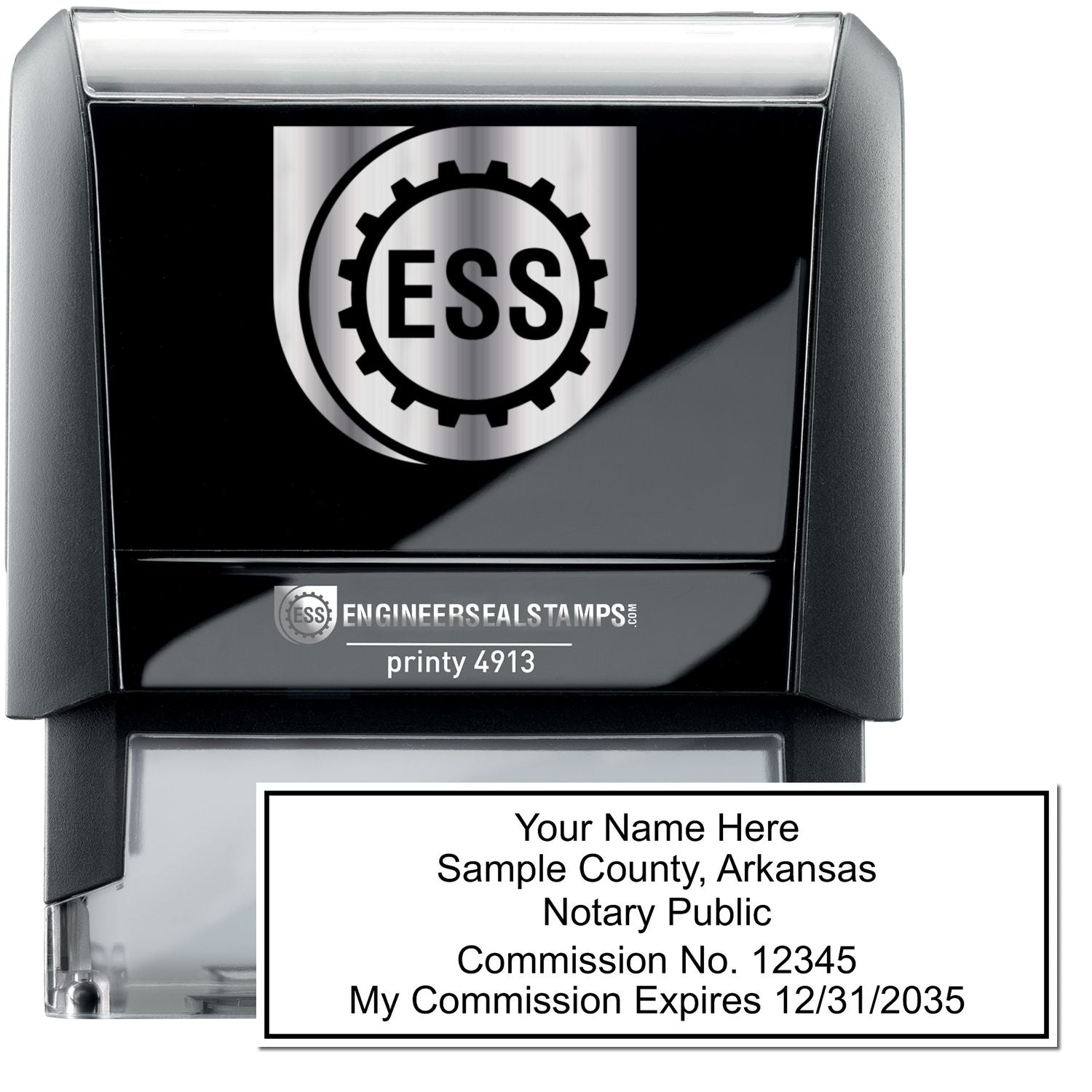The main image for the Self-Inking Rectangular Arkansas Notary Stamp depicting a sample of the imprint and electronic files
