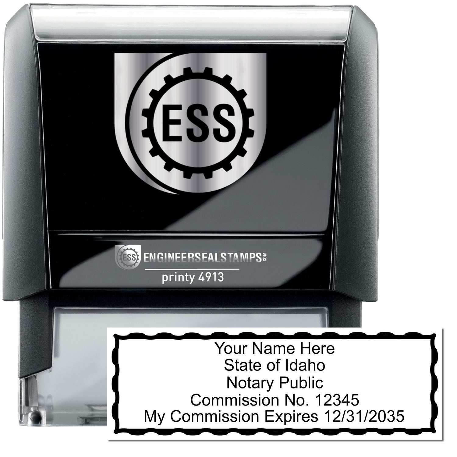 The main image for the Self-Inking Rectangular Idaho Notary Stamp depicting a sample of the imprint and electronic files