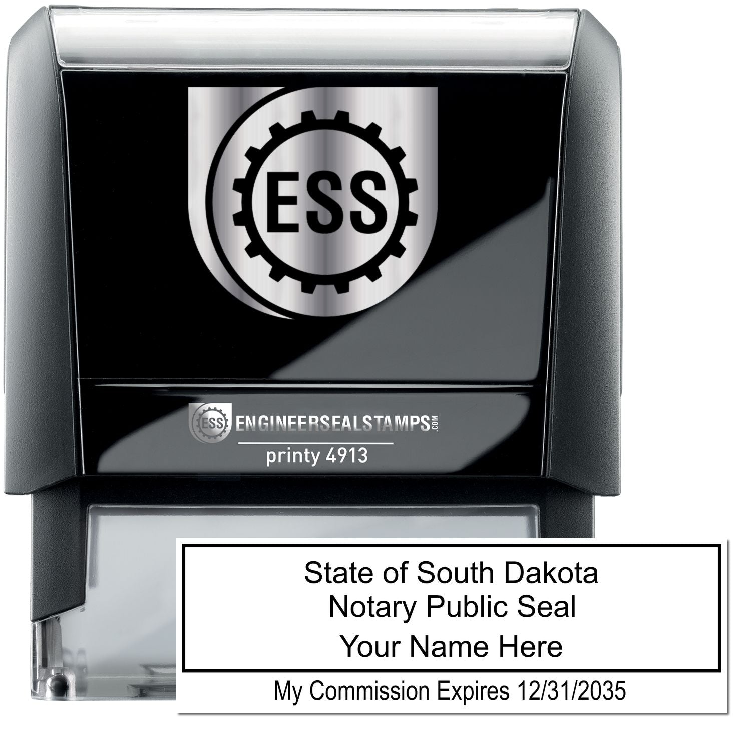 The main image for the Self-Inking Rectangular South Dakota Notary Stamp depicting a sample of the imprint and electronic files