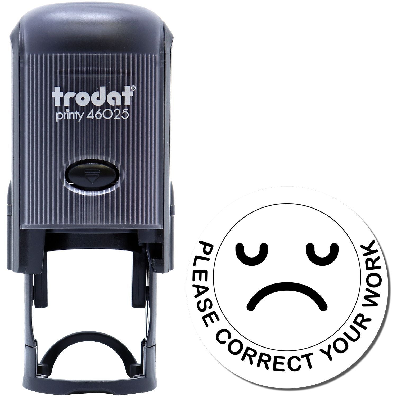 Self Inking Round Please Correct Smiley Stamp with a sad face and the text Please Correct Your Work next to the stamp device.