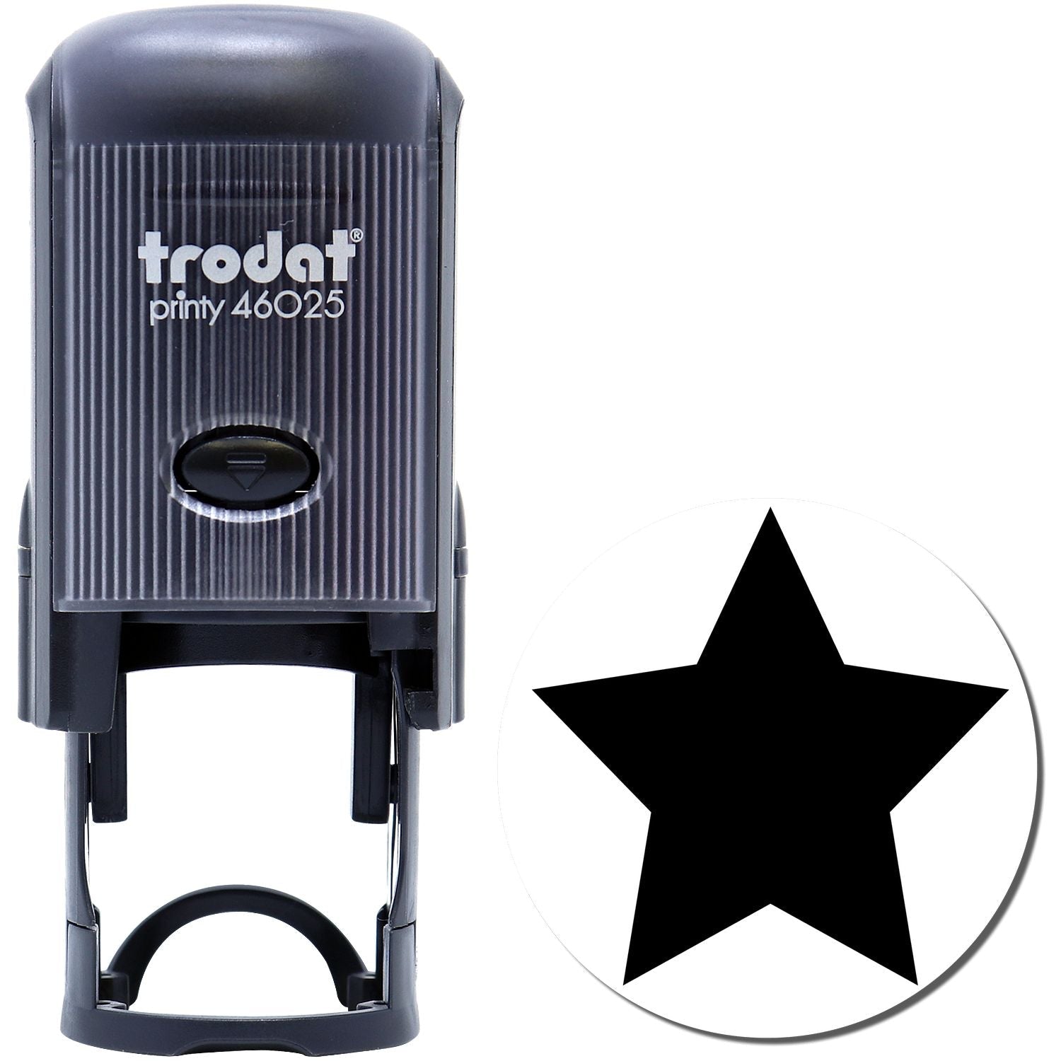 Self Inking Round Solid Star Stamp, black, with a black star imprint. The stamp is shown next to a sample of its star print.