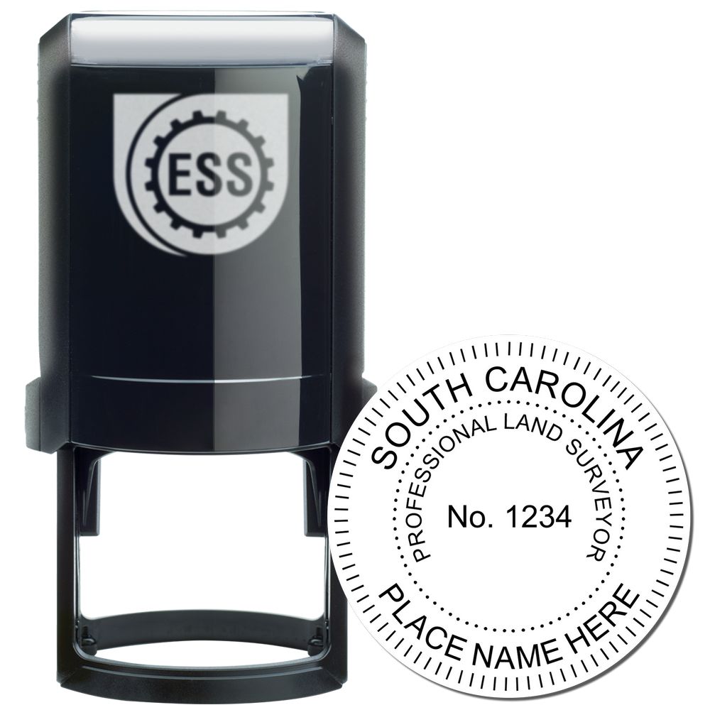 Self Inking South Carolina Land Surveyor Stamp, black with a round imprint showing South Carolina Professional Land Surveyor and space for details.