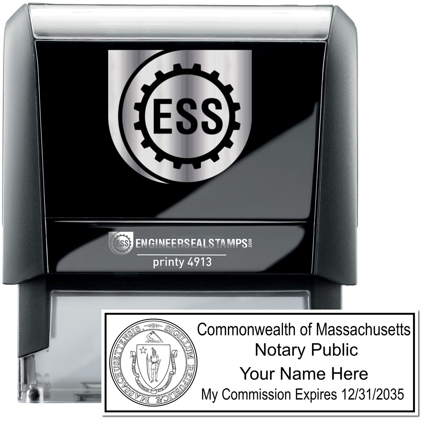 The main image for the Self-Inking State Seal Massachusetts Notary Stamp depicting a sample of the imprint and electronic files