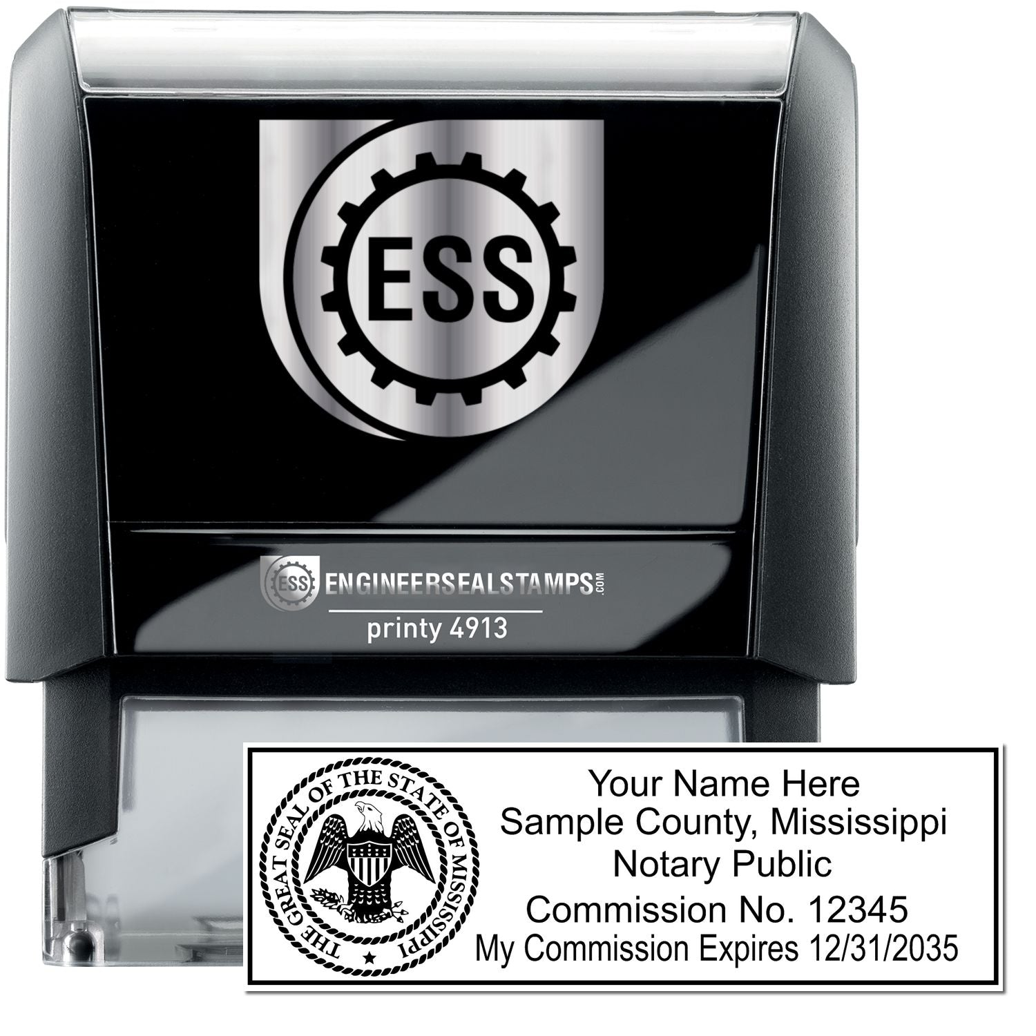 The main image for the Self-Inking State Seal Mississippi Notary Stamp depicting a sample of the imprint and electronic files