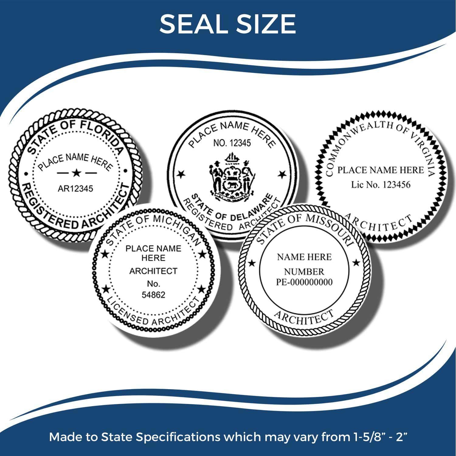 Image showing five different state-specific seal designs for architects, each with customizable text fields. The product name Architect Desk Seal Embosser is highlighted, with seal sizes ranging from 1-5/8 to 2.