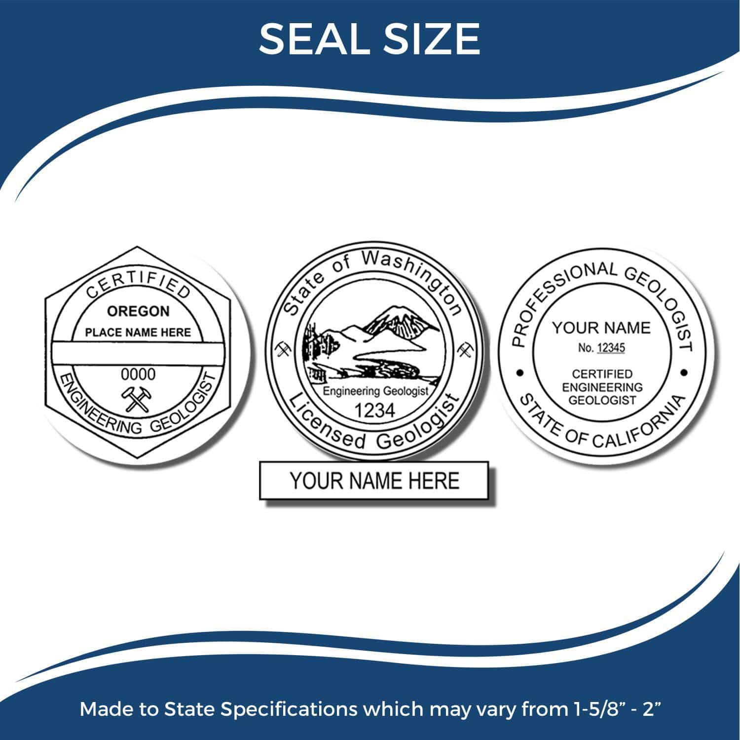 Image showing three variations of the Engineering Geologist MaxLight Pre-Inked Rubber Stamp of Seal, each with different state-specific designs and customizable name and license number fields.