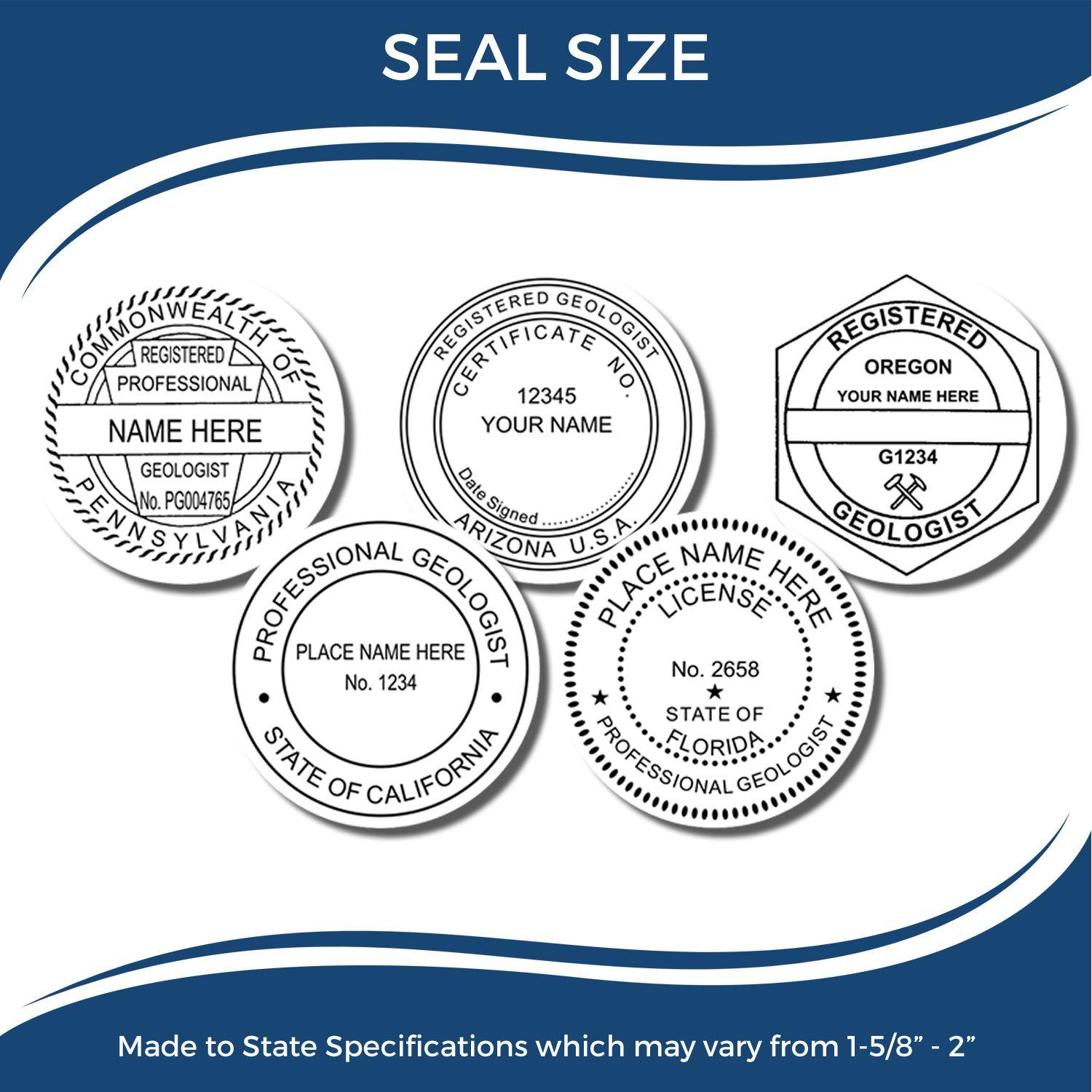 Image showing five different designs of the Geologist Chrome Gift Seal Embosser, each with unique text and state specifications.