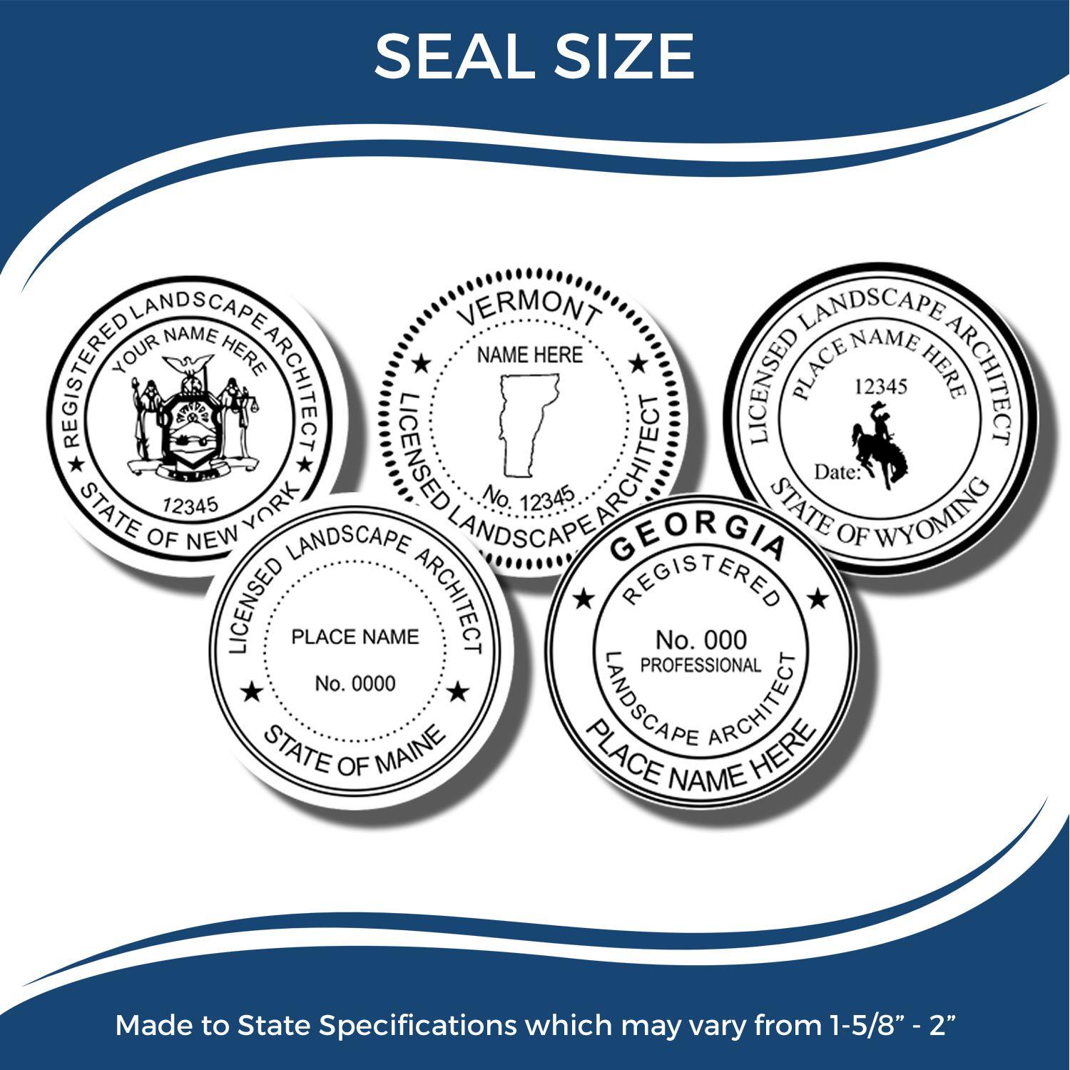 Image showing various seal designs for the Landscape Architect Extended Long Reach Desk Seal Embosser, made to state specifications.