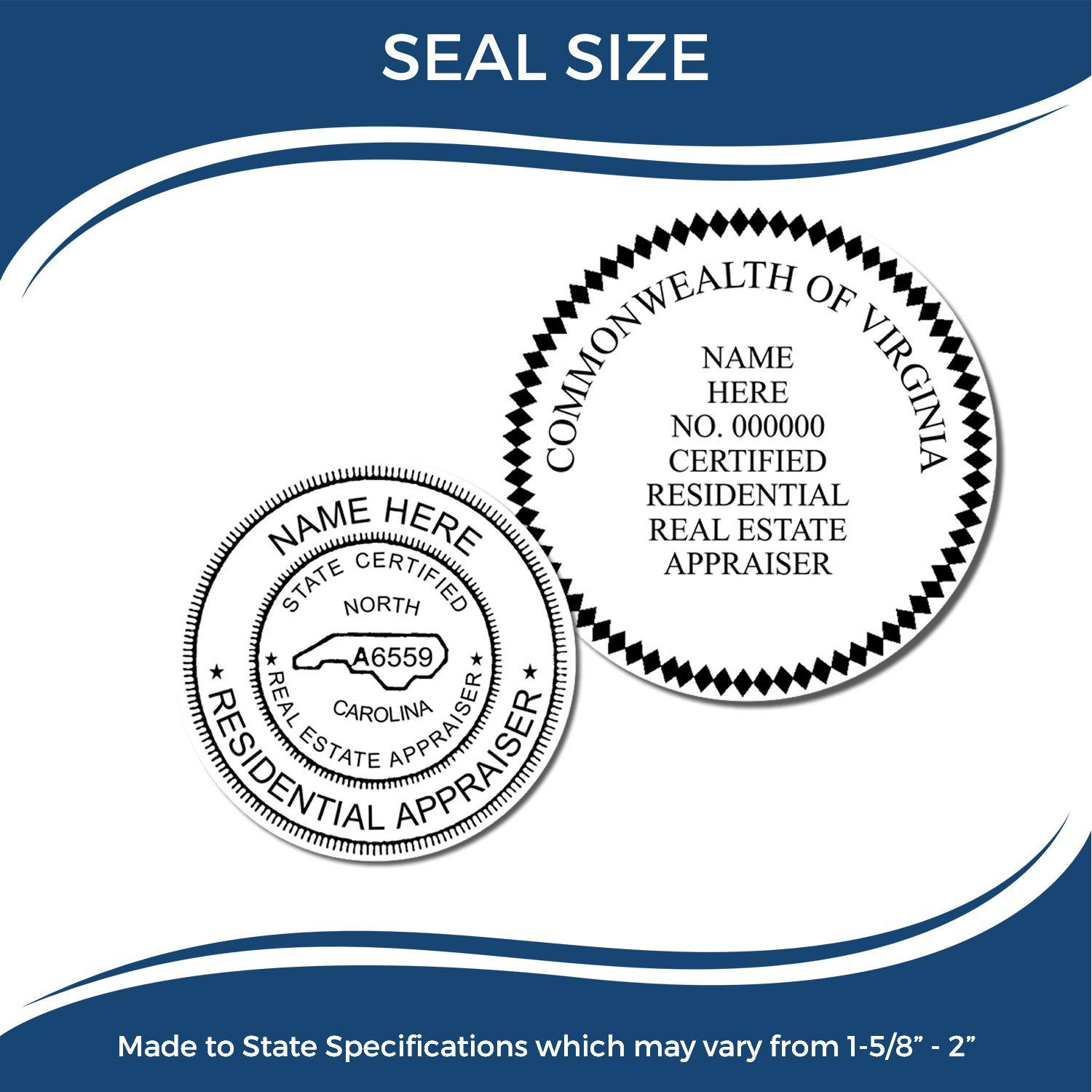 Image showing two seal designs for the Real Estate Appraiser Handheld Seal Embosser, one for North Carolina and one for Virginia, with state specifications.