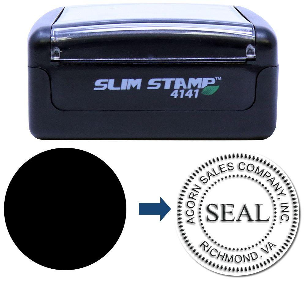 Slim Notary Seal Impression Inker with black ink pad and an example of a notary seal impression.