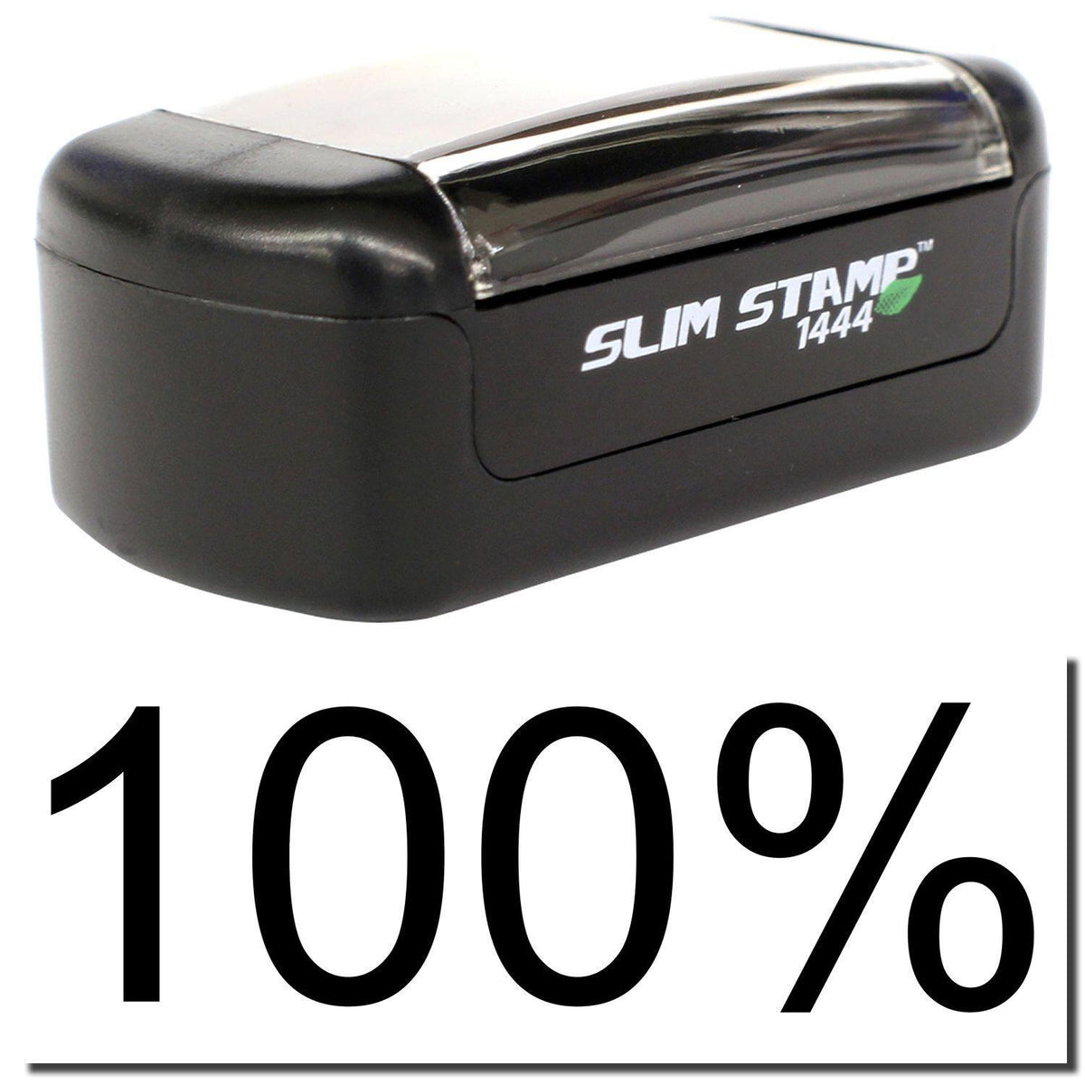 A stock office pre-inked stamp with a stamped image showing how the text &quot;100%&quot; is displayed after stamping.