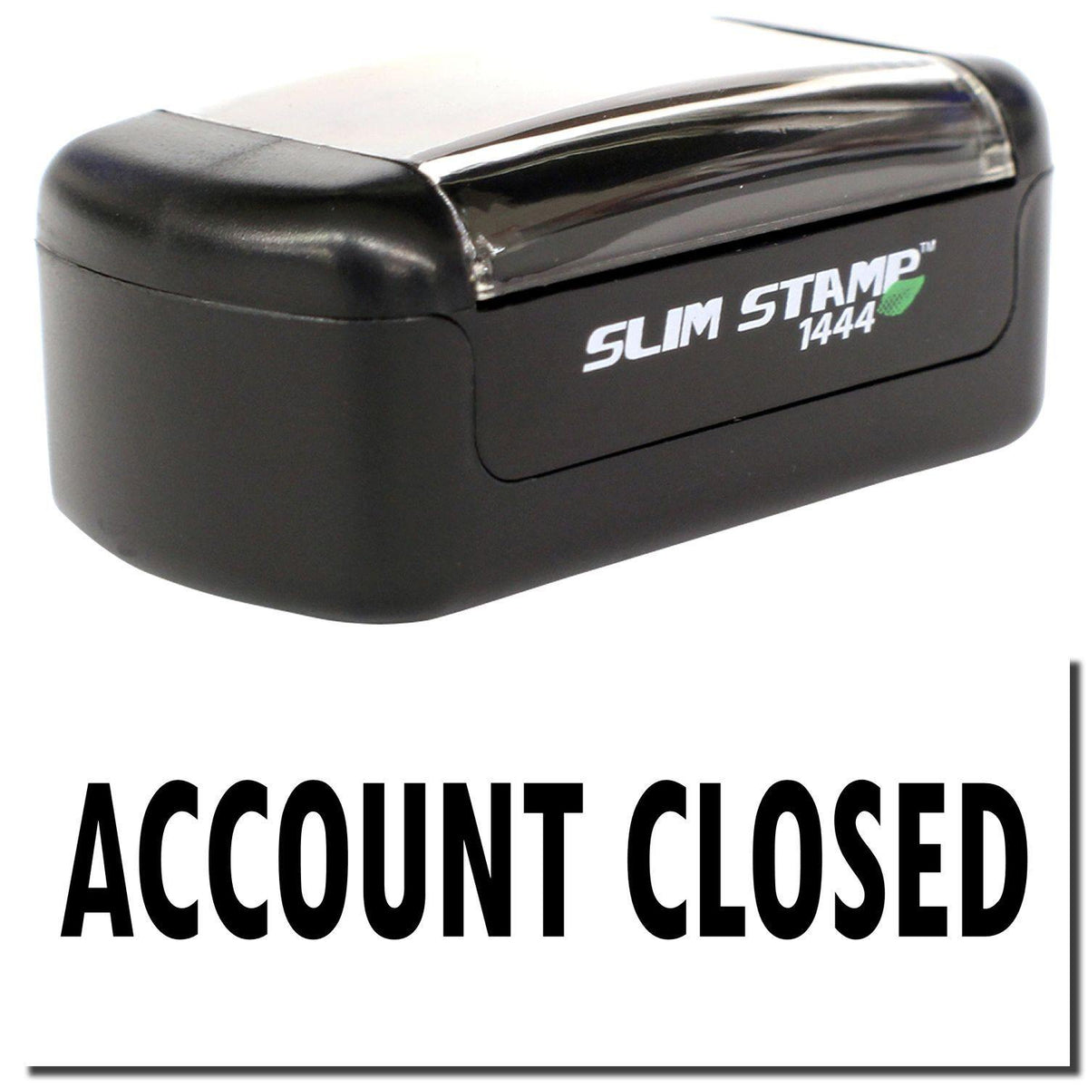 A stock office pre-inked stamp with a stamped image showing how the text &quot;ACCOUNT CLOSED&quot; is displayed after stamping.