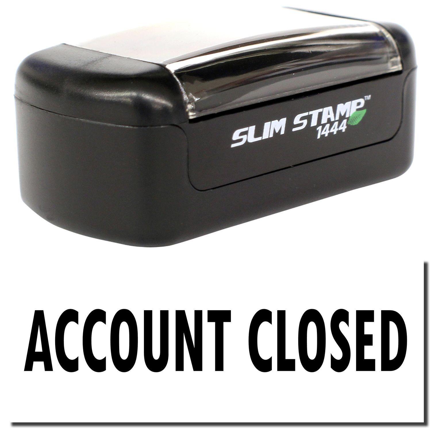 A stock office pre-inked stamp with a stamped image showing how the text "ACCOUNT CLOSED" is displayed after stamping.