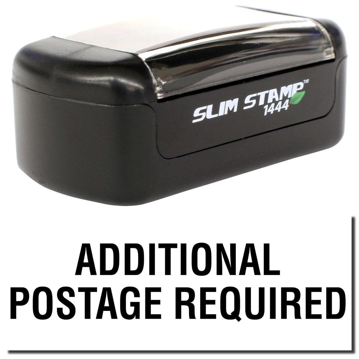 A stock office pre-inked stamp with a stamped image showing how the text &quot;ADDITIONAL POSTAGE REQUIRED&quot; is displayed after stamping.