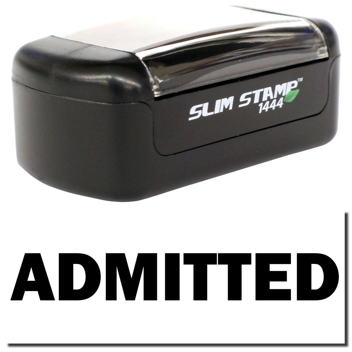 A stock office pre-inked stamp with a stamped image showing how the text &quot;ADMITTED&quot; is displayed after stamping.
