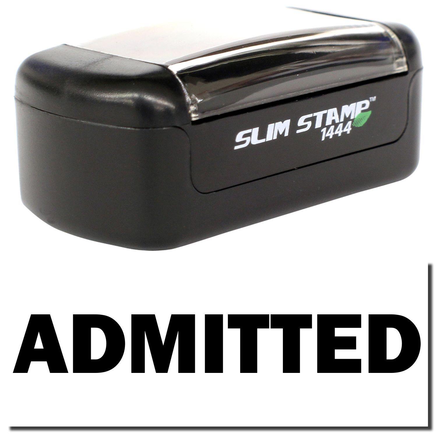 A stock office pre-inked stamp with a stamped image showing how the text "ADMITTED" is displayed after stamping.