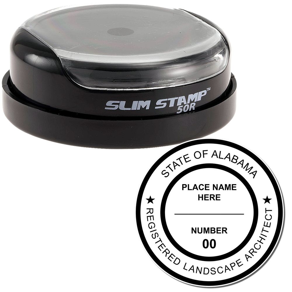 The main image for the Slim Pre-Inked Alabama Landscape Architect Seal Stamp depicting a sample of the imprint and electronic files