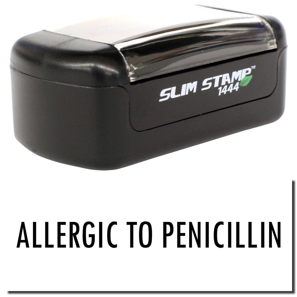 A stock office pre-inked stamp with a stamped image showing how the text &quot;ALLERGIC TO PENICILLIN&quot; is displayed after stamping.