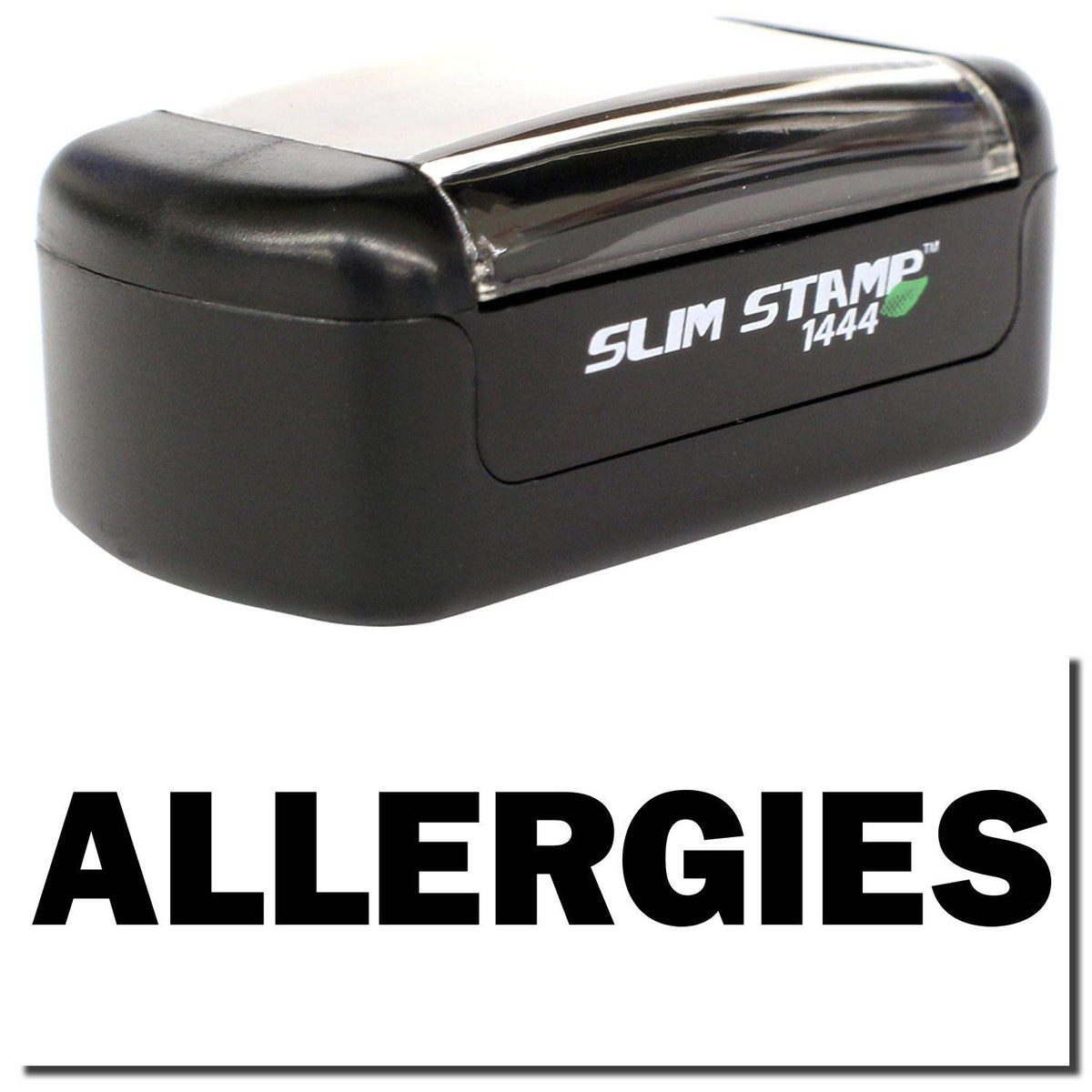 A stock office pre-inked stamp with a stamped image showing how the text &quot;ALLERGIES&quot; is displayed after stamping.