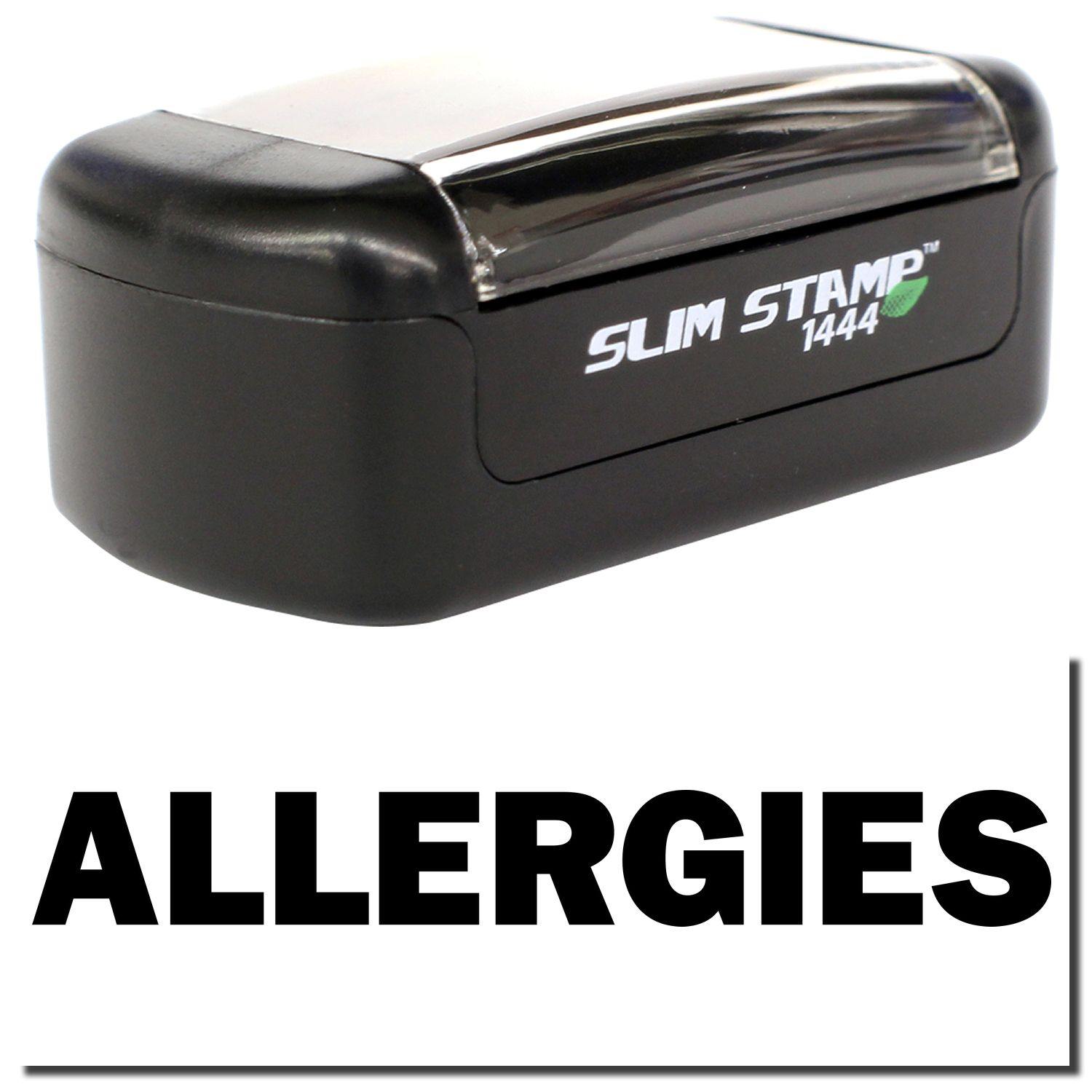 A stock office pre-inked stamp with a stamped image showing how the text "ALLERGIES" is displayed after stamping.