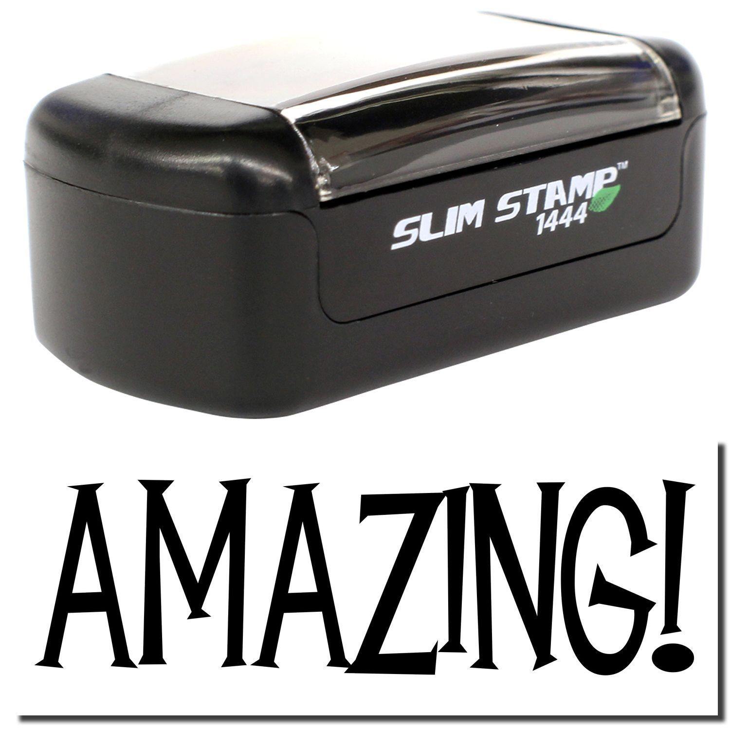 A stock office pre-inked stamp with a stamped image showing how the text AMAZING! is displayed after stamping.