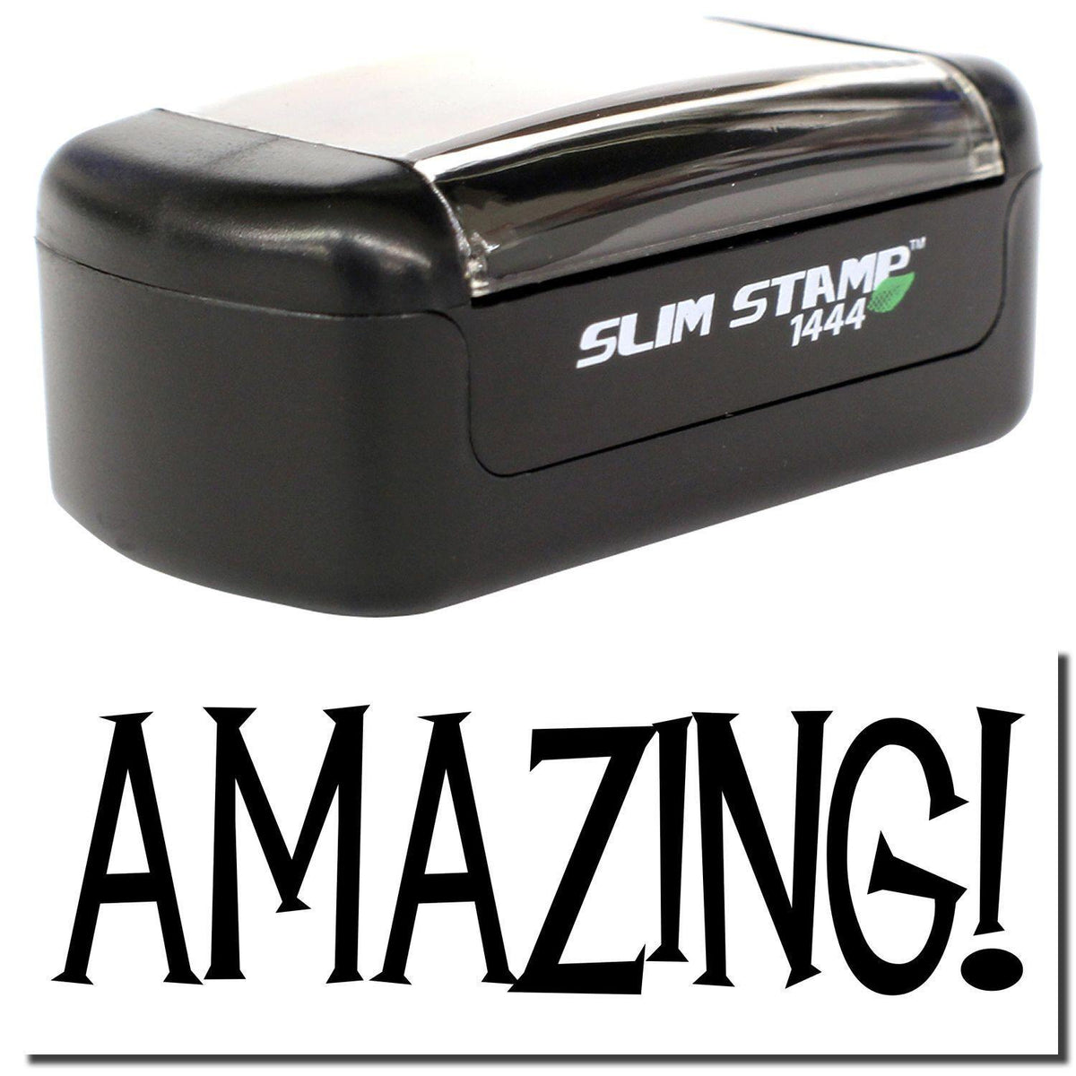 A stock office pre-inked stamp with a stamped image showing how the text &quot;AMAZING!&quot; is displayed after stamping.