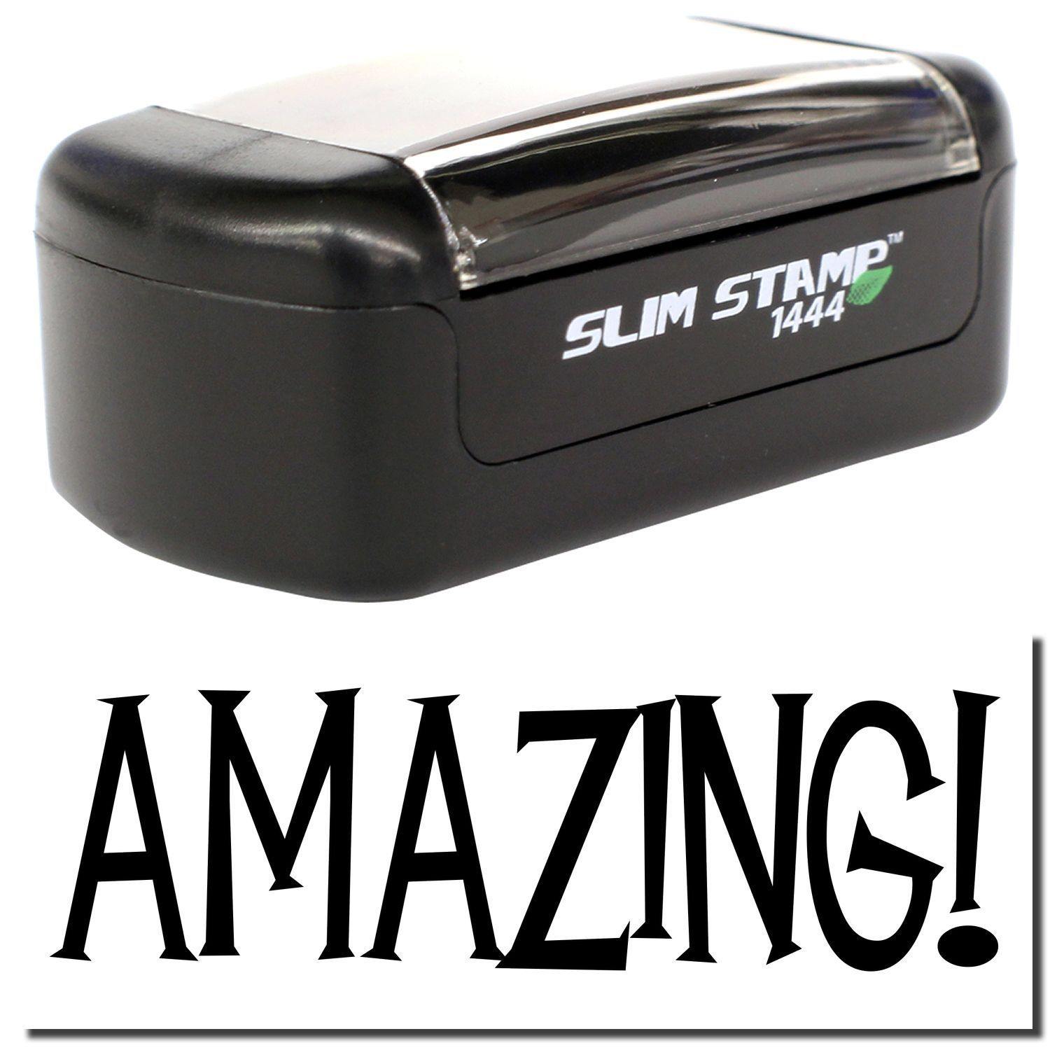 A stock office pre-inked stamp with a stamped image showing how the text "AMAZING!" is displayed after stamping.