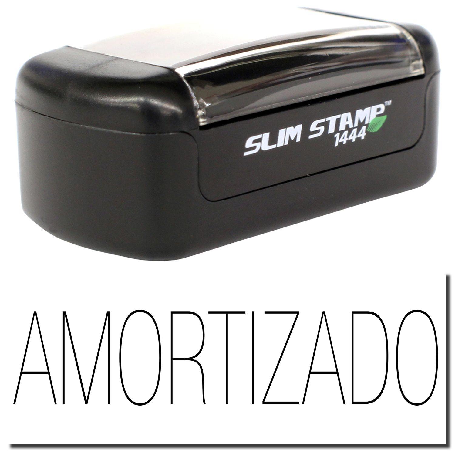 A stock office pre-inked stamp with a stamped image showing how the text "AMORTIZADO" is displayed after stamping.