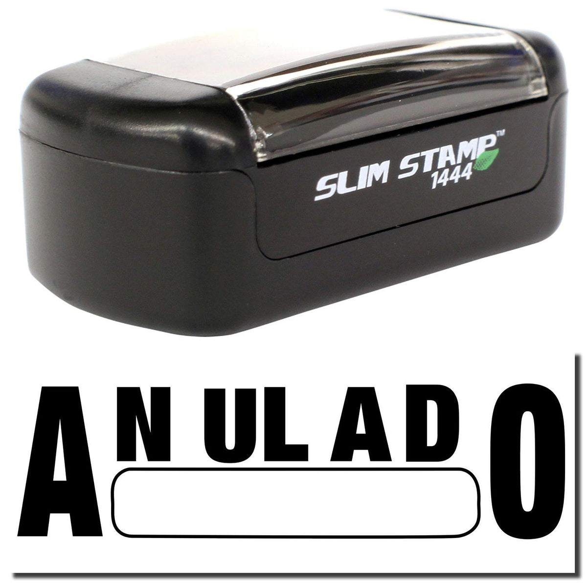 A stock office pre-inked stamp with a stamped image showing how the text &quot;ANULADO&quot; with a box is displayed after stamping.
