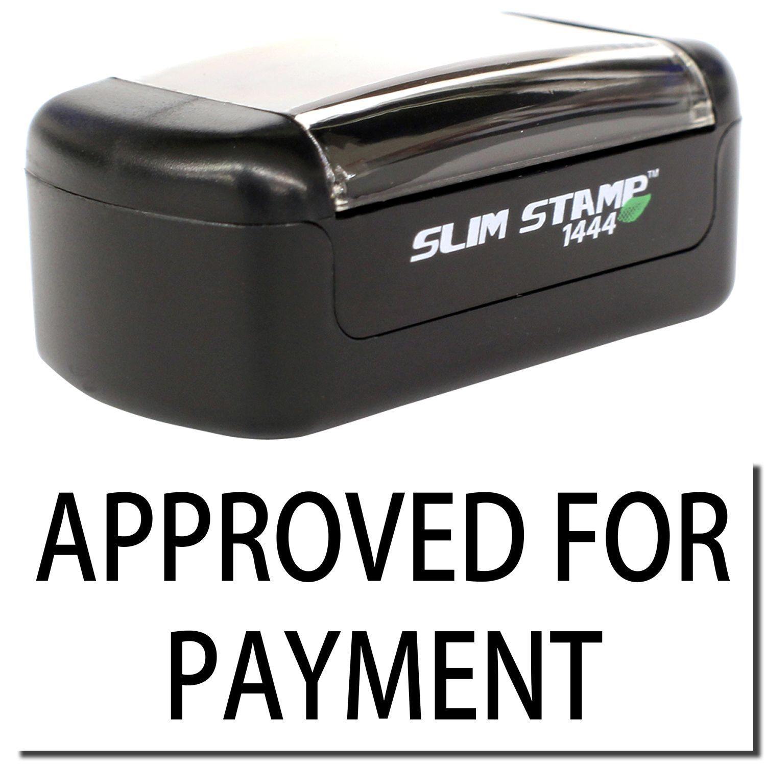 A stock office pre-inked stamp with a stamped image showing how the text APPROVED FOR PAYMENT is displayed after stamping.