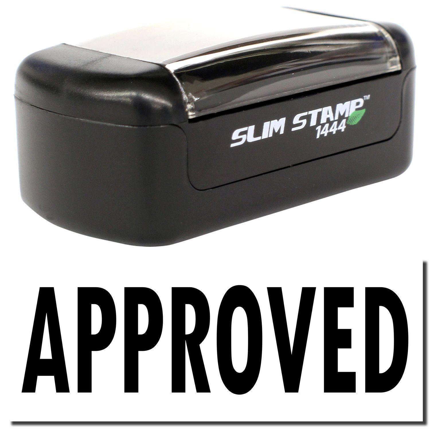 A stock office pre-inked stamp with a stamped image showing how the text "APPROVED" is displayed after stamping.