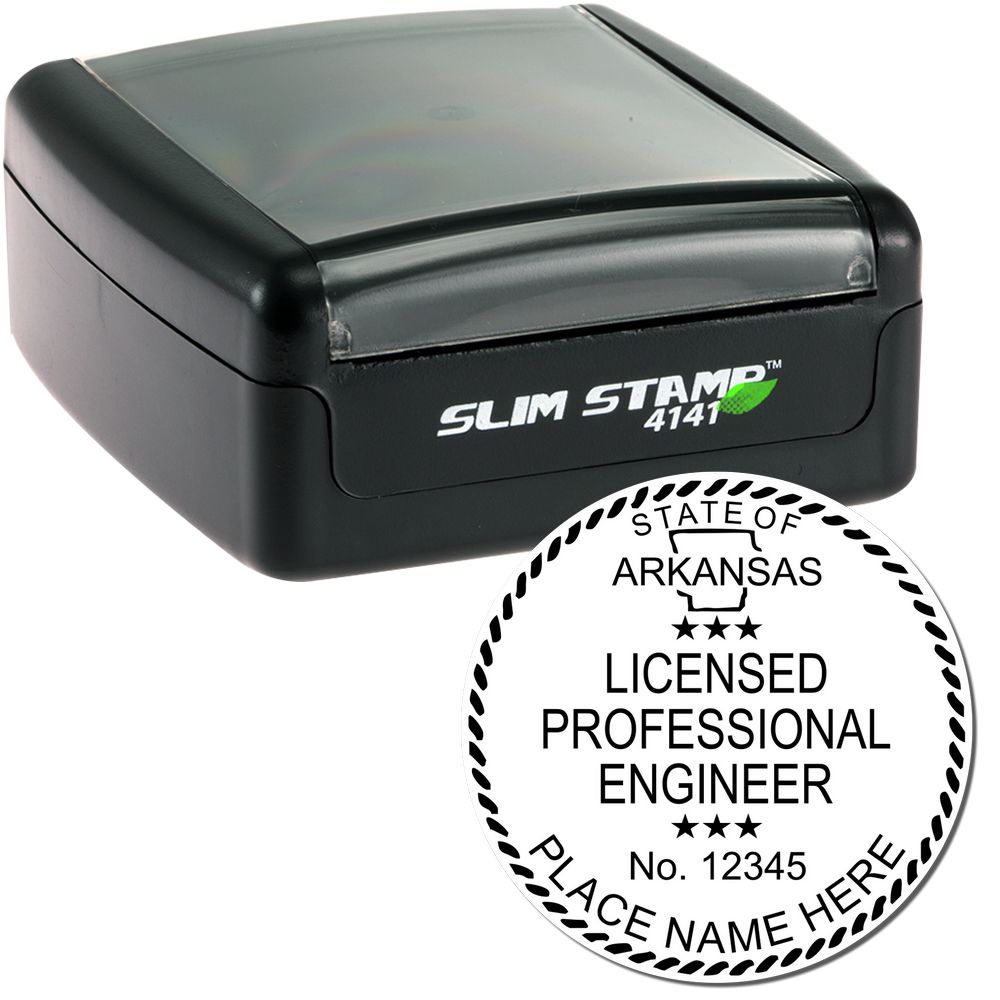 The main image for the Slim Pre-Inked Arkansas Professional Engineer Seal Stamp depicting a sample of the imprint and electronic files